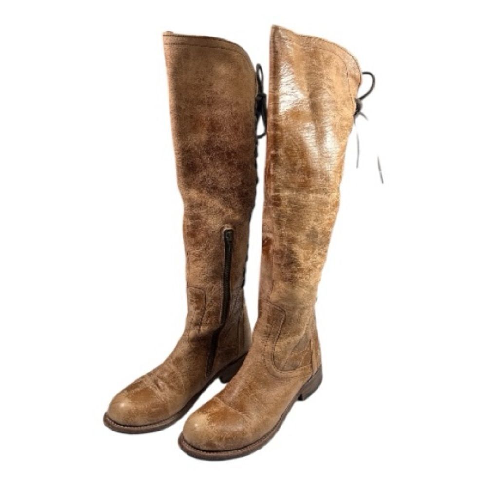 Bed Stu Benchmade Tan Knee-High Lace—Up Back Leather Boots size 8